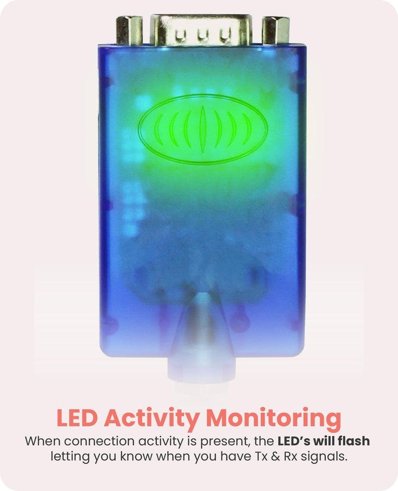 GearMo Windows 7/8/10/11 Compatible USB to RS232 Serial Adapter w/FTDI Chip, 12in. Cable, LED Indicators, Surge Protection, Plug & Play - Image 4